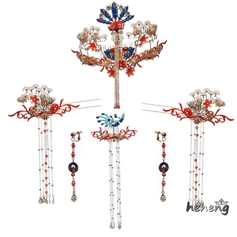 Bộ Vương Miện + Bông Tai + Vương Miện Phượng Hoàng Truyền Thống Trung Hoa Cổ Điển Cho Cô Dâu