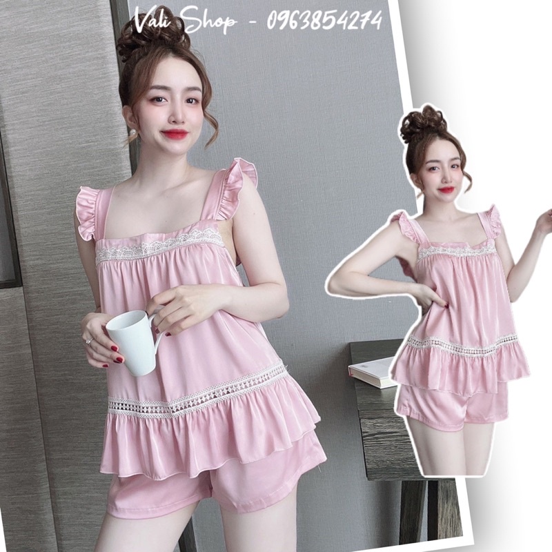 Đồ ngủ lụa latin cao cấp 2 dây cột nơ màu trơn quần phối ren freesize 40-57kg