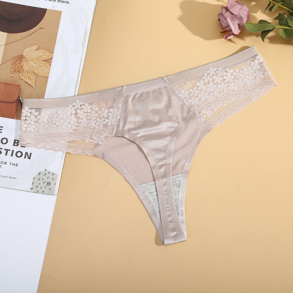 Quần Lót Lọt Khe Vải Lụa Lạnh Phối Ren Lưng Chữ T Không Đường May Gợi Cảm Cho Nữ