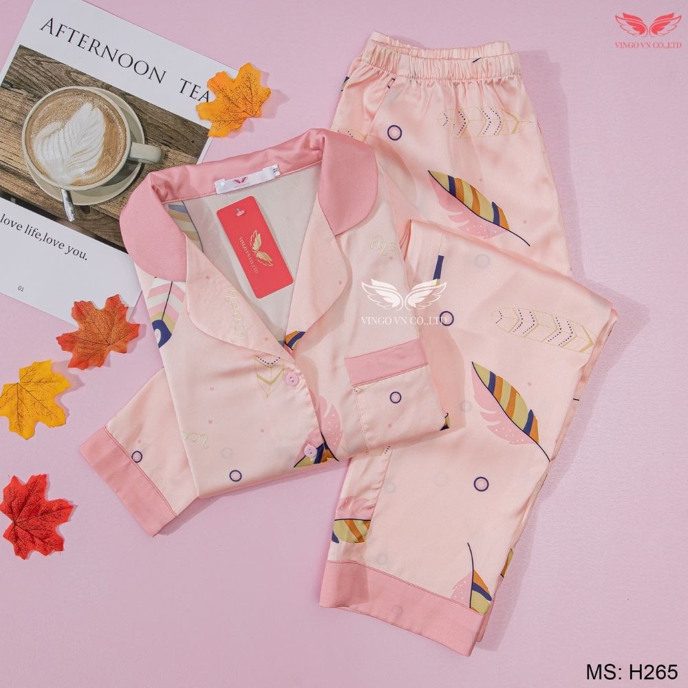 Bộ ngủ lụa cao cấp áo dài quần dài kiểu dáng Pijama họa tiết lông vũ từ VINGO H265 | BigBuy360 - bigbuy360.vn