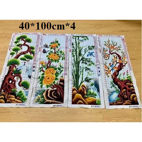 Tranh thêu chữ thập tứ quý tùng cúc trúc mai 40*100*4cm