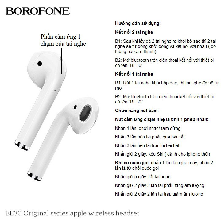 Tai Nghe Bluetooth Quad Layer Earpod V5.0 Borofone Model BE30 Dock Sạc Hỗ Trợ Sạc Không Dây Âm Thanh Chuẩn Chính Hãng