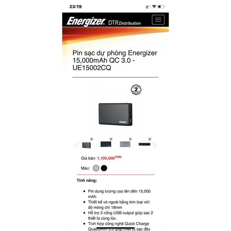 Sạc dự phòng Energizer 15.000mAh QC 3.0 - UE15002CQ