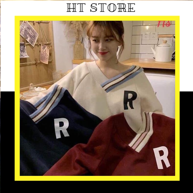 Áo Nỉ Nữ Dài Tay In Chữ Dáng Rộng 3 Màu  Dưới 70kg -  Cổ V Thun Phối Màu Chữ R G030 - HT STORE