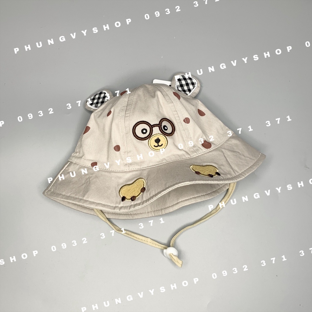 Bé dưới 12 tháng/ Vòng đầu 47cm- Mũ tai bèo vành cực dễ thương BO NHÍ GẤU ĐEO KIẾNG- Nón bucket trẻ em trai gái