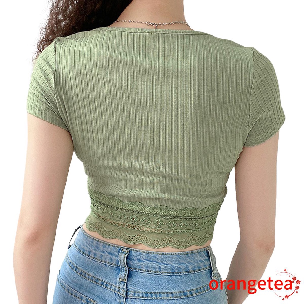 Áo Croptop tay ngắn phối ren hoa màu trơn duyên dáng cho nữ