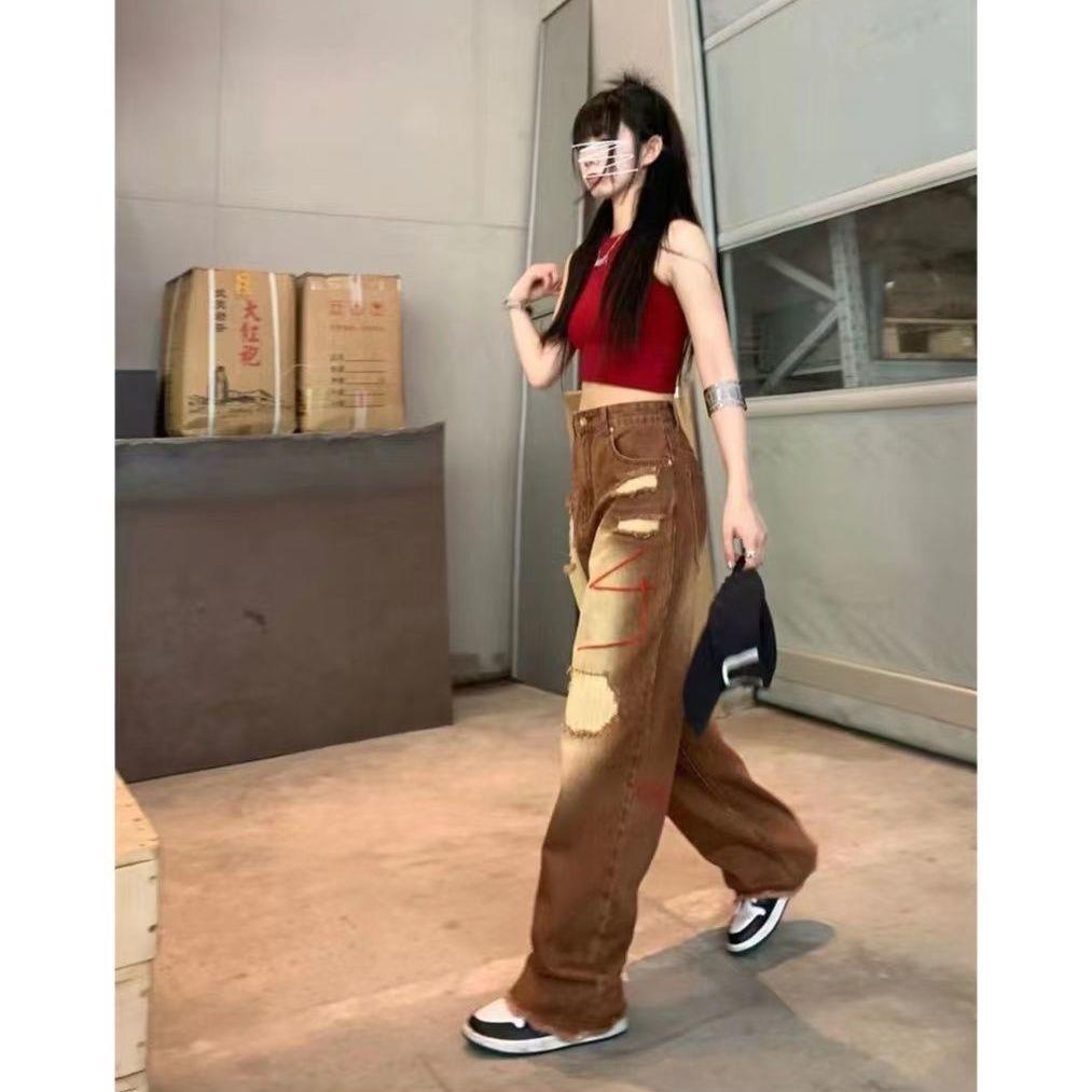 Quần Jean Ống Suông Rộng Màu Cà Phê Phong Cách Retro Hong Kong Thời Trang Mùa Thu Cho Nữ