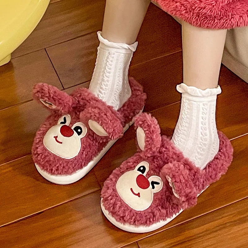 Dép cotton RENBEN đi trong nhà đế mềm chống trượt phối lông nhung họa tiết gấu dâu tây dễ thương cho nữ