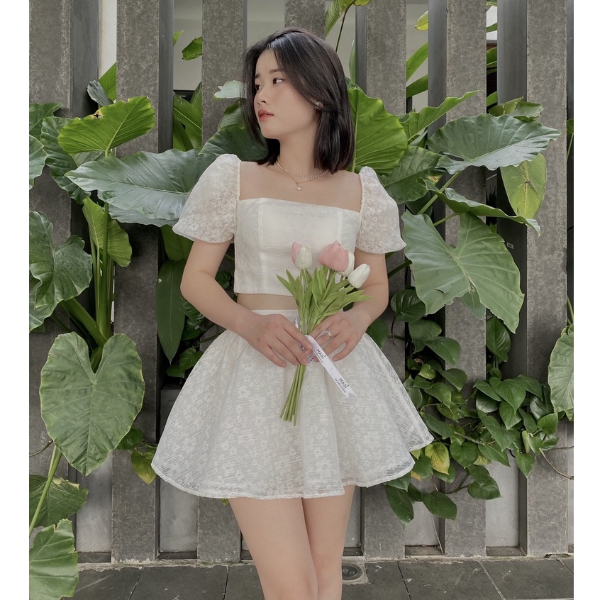 Set áo croptop cổ vuông tay phồng kèm chân váy phồng xòe đầm công chúa đầm đi tiệc size S M L