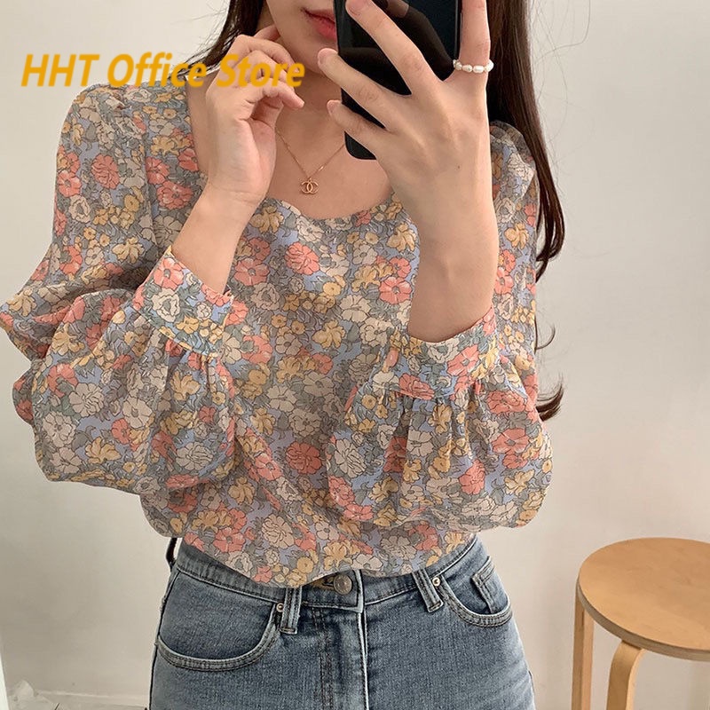 Áo Chiffon Tay Dài Phồng Cổ Vuông In Hoa Ngọt Ngào Thời Trang Mùa Thu Dành Cho Nữ