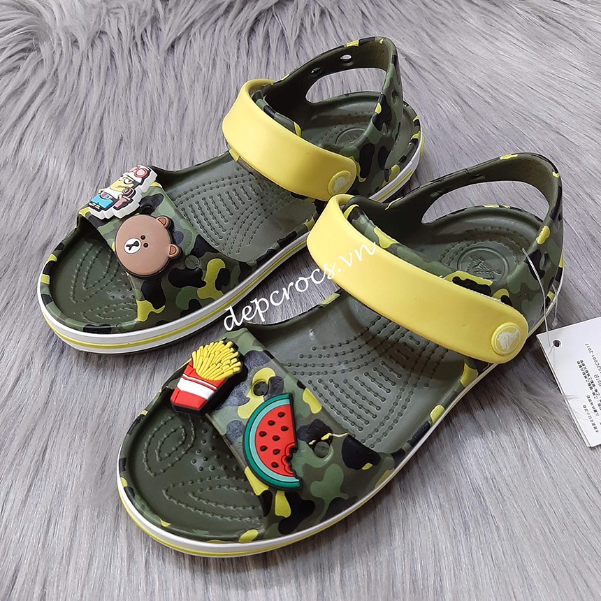 Sandal crocs bé trai bé gái, sandal cross cho bé màu camo lính xanh lá tặng kèm jibbitz stickers - Cross house
