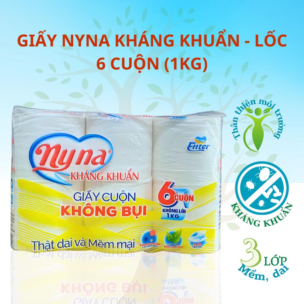 Giấy vệ sinh NyNa 3 lớp siêu mềm, siêu dai, kháng khuẩn, thấm hút tốt. GVS cuộn không lõi cao cấp không bột, không bụi.