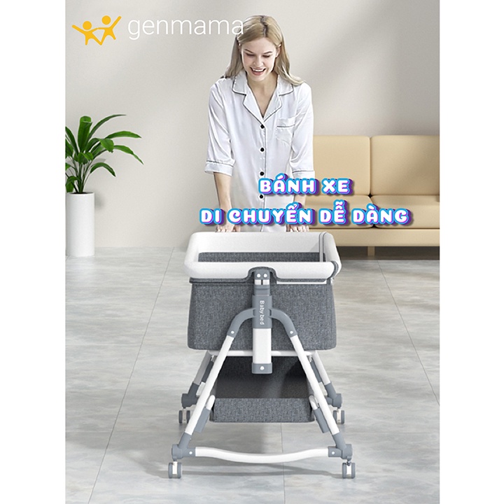 Nôi cũi cho bé có màn, bánh xe,nệm,giỏ để đồ,nôi cho bé sơ sinh đa năng sử dụng cho bé đến 36 tháng tuổi GENMAMA