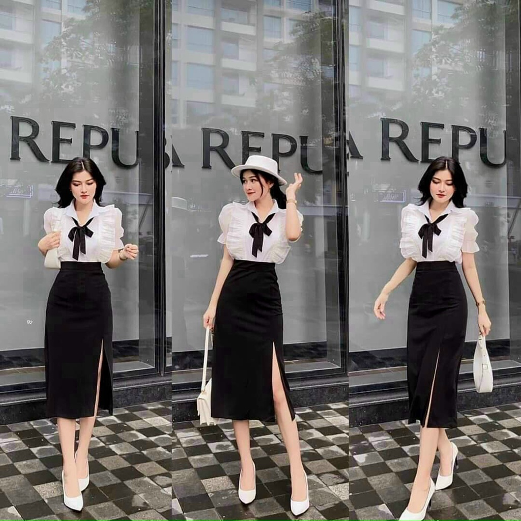 [Hot] Sét Áo Viền Bèo + chân Váy Chẻ Tà