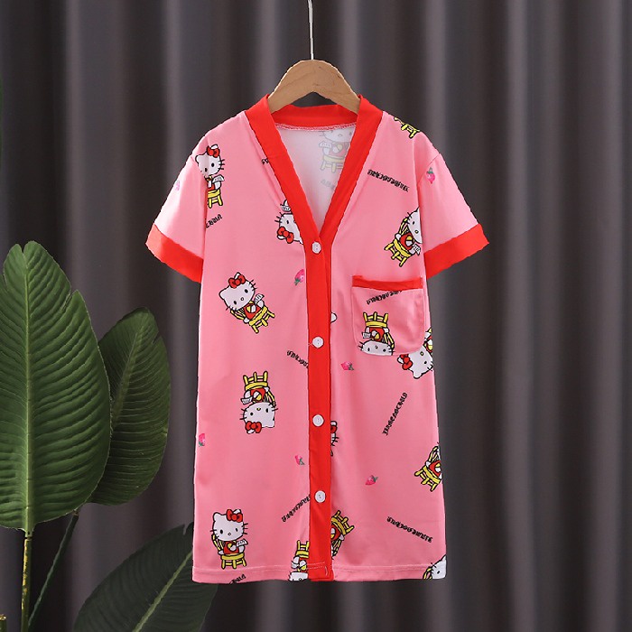 Đầm Ngủ Tay Ngắn Chất Cotton In Họa Tiết Hoạt Hình Phong Cách Hàn Quốc Xinh Xắn Cho Bé Gái