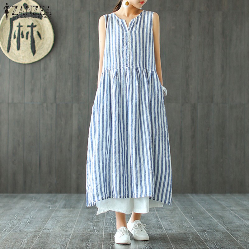 Đầm sát nách form rộng họa tiết kẻ sọc thời trang dành cho nữ | BigBuy360 - bigbuy360.vn