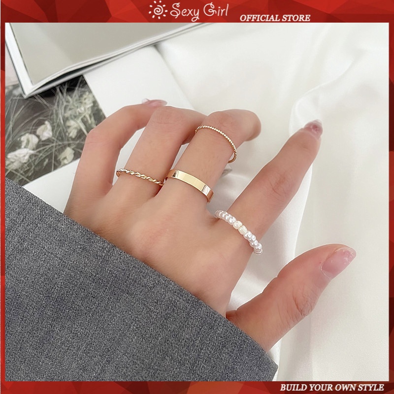 Set 4 nhẫn bằng hợp kim/xỏ hạt ngọc trai giả thời trang giản dị cho nữ