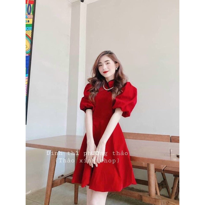 Ảnh thật đầm tay bồng cổ tàu khuy lệch