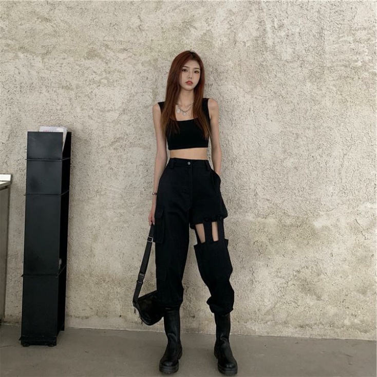 Quần jogger hở đùi dây nối ống suông sexy, quần nhảy hiphop phong cách Châu Âu