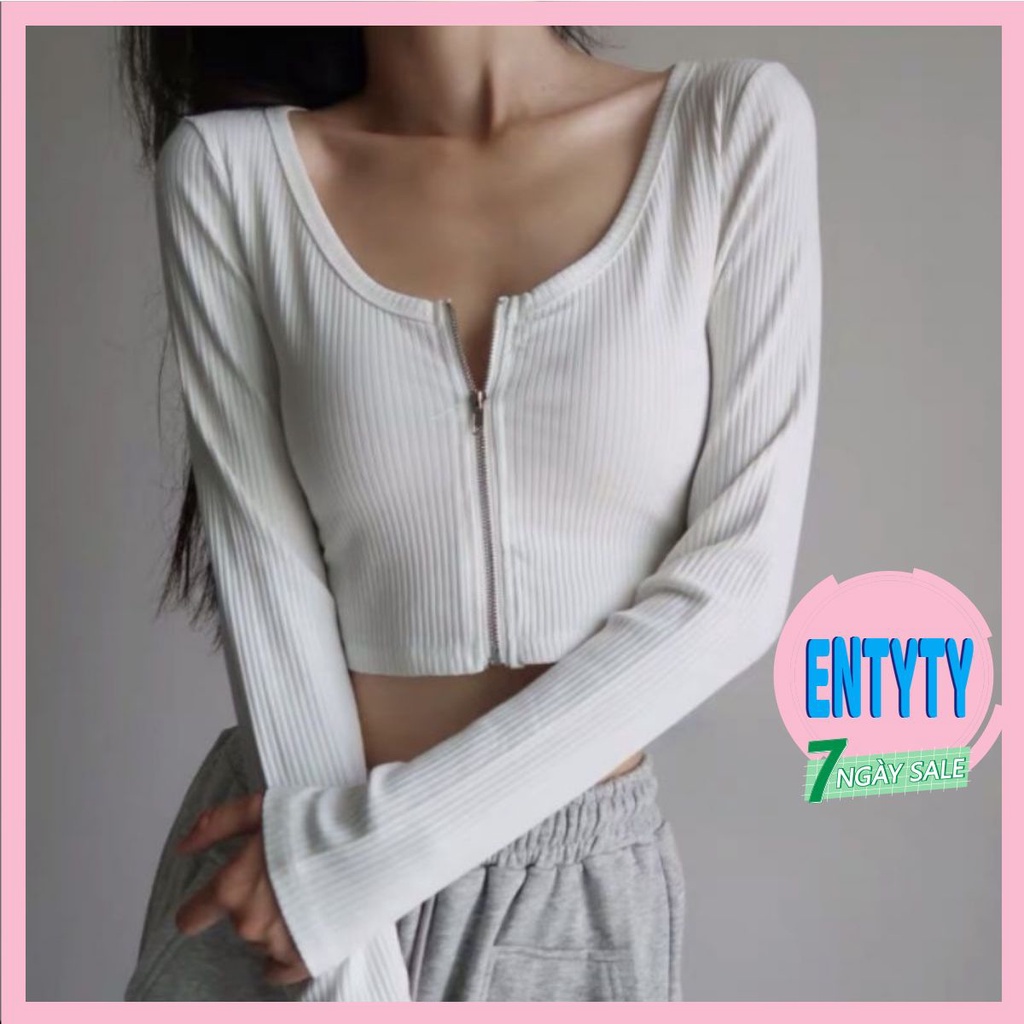 Áo croptop tay dài dây kéo thun gân - Crt dài tay dây kéo chất đẹp A4-00
