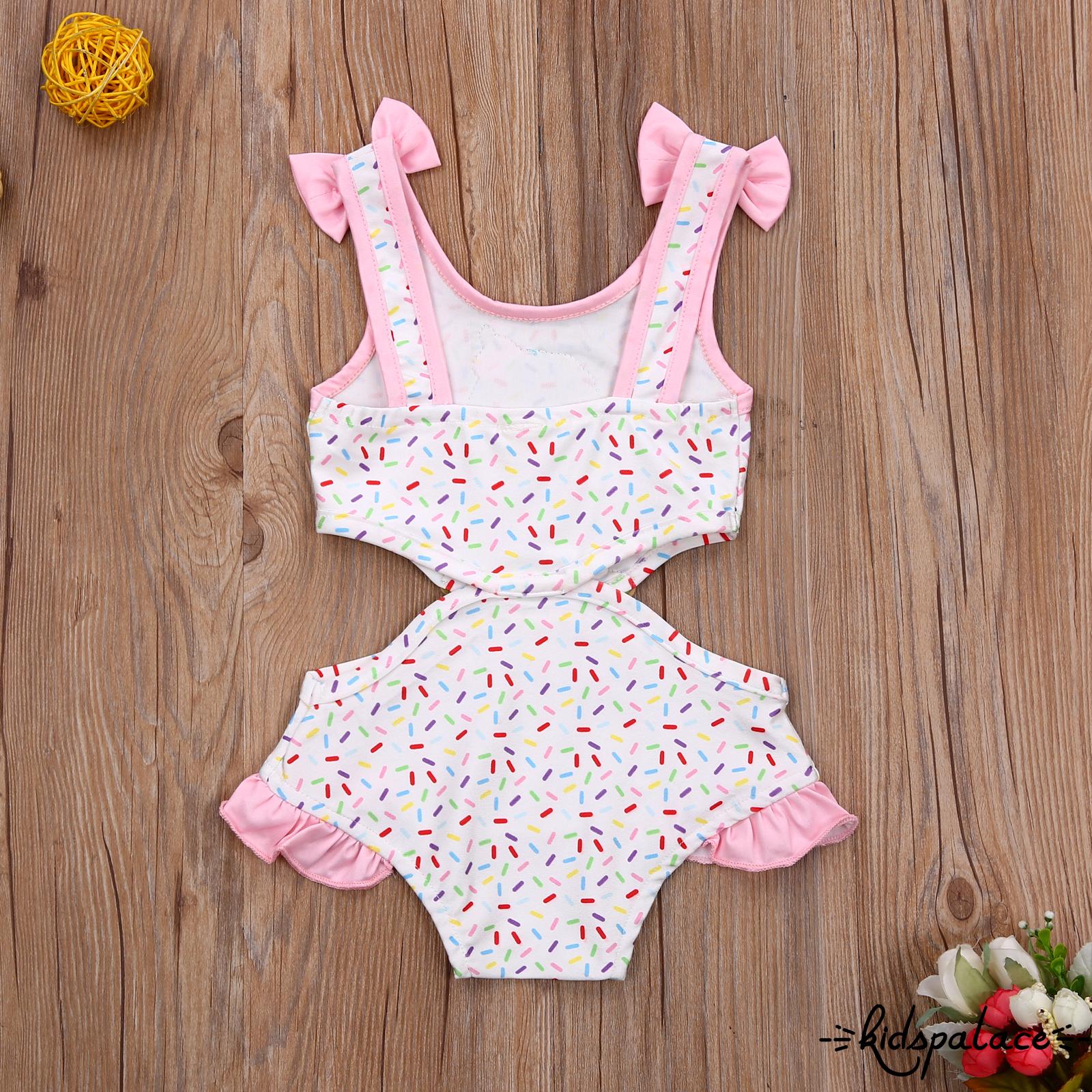 BbQ-Girl’s Sweet Ruffles One Piece Swimsuit Fashion Bow Ice Cream Print Hollow Suspender Swimsuit