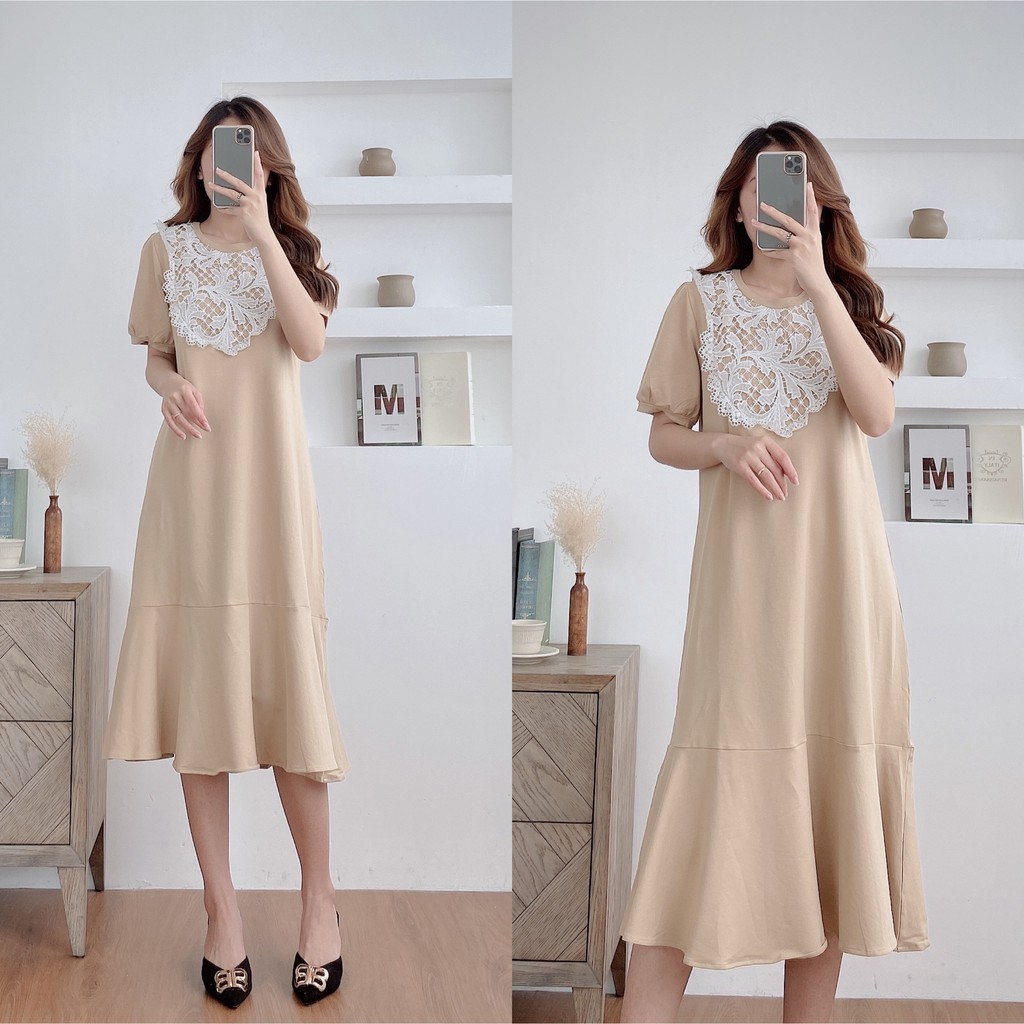 Đầm thun cotton suông đuôi cá dáng dài cổ ren ngắn tay form xuông rộng freesize V186 Michi House