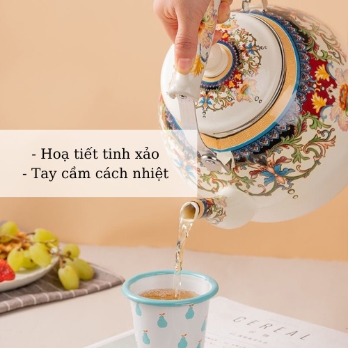 Ấm Trà Tráng Men hoa, Ấm Pha Trà Dùng Trên Bếp Từ, Ấm Đun Nước Liin Decor