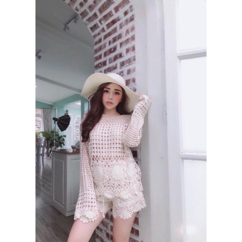 48-Set bộ đồ ren tiểu thư xinh xắn áo dài tay hàng QC