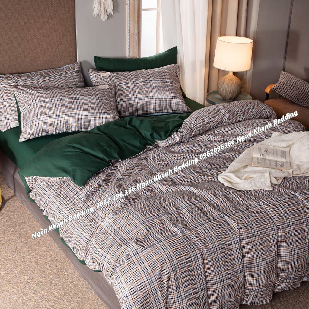 Bộ chăn ga gối ga giường cotton tici Hàn Quốc các mẫu kẻ basic mới nhất - Ngân Khánh Bedding drap giường
