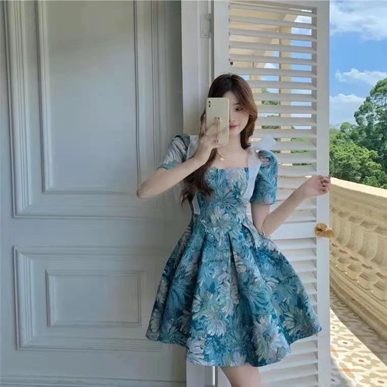 Đầm eo cao in họa tiết tranh sơn dầu phong cách đường phố mùa hè kiểu mới