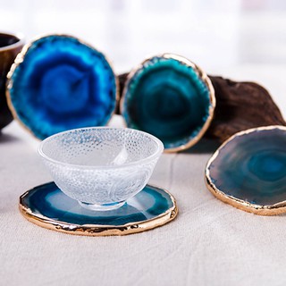 2Pcs Agate Slice Blue Coaster Tray Decorative Design Gold Edges