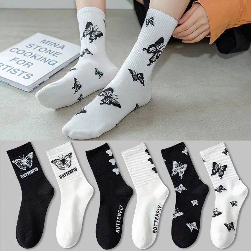 Tất cổ cao nữ, vớ cổ cao Unisex màu trắng đen thời trang phong cách Hàn Quốc vải cotton co giãn hình bướm xinh xắn TD058