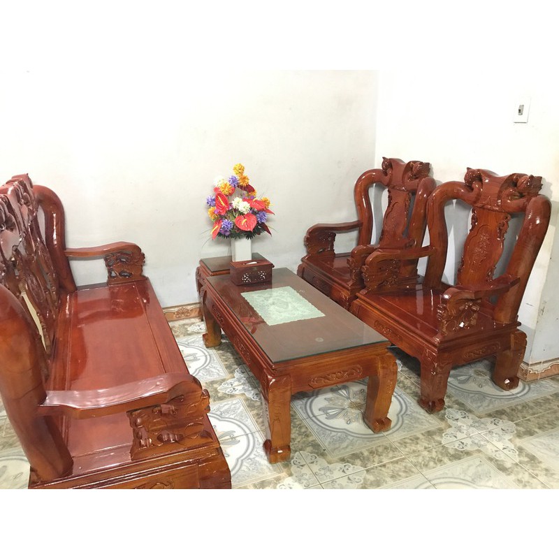 Bộ bàn ghế gỗ Minh Đào Gỗ Xoan Ta Cột 10 đồ gỗ tuấn long