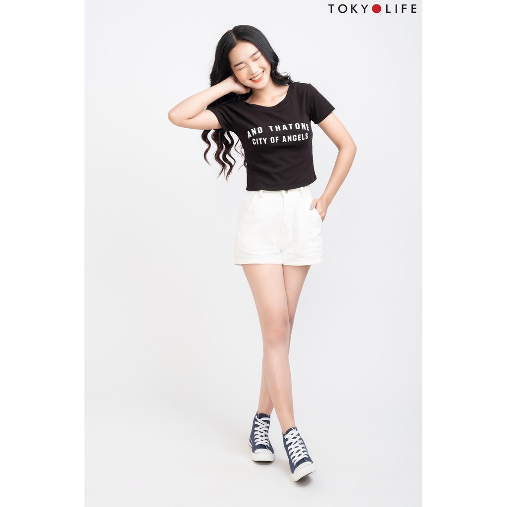 Áo Thun Nữ TOKYOLIFE croptop, cổ thuyền V sau ngắn tay dáng ôm E9TSH049G