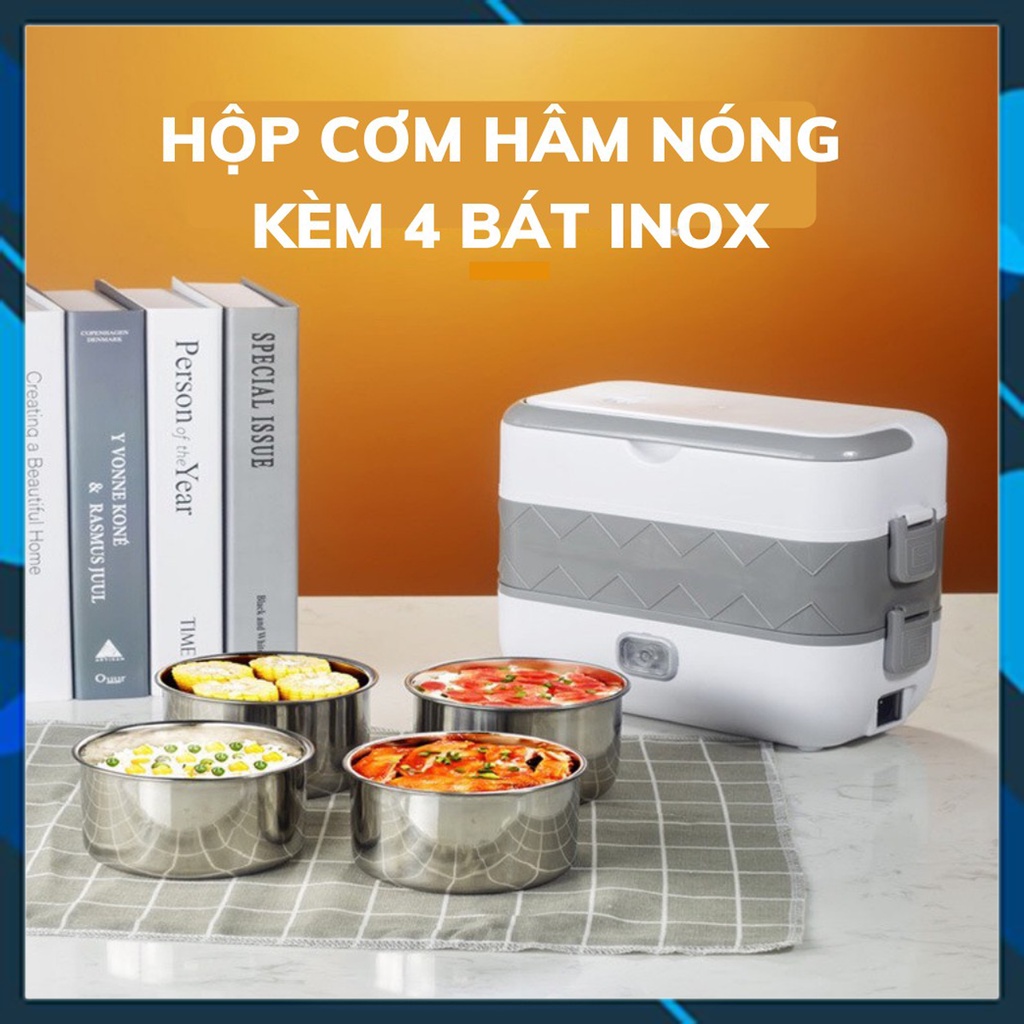 Hộp Cơm Cắm Điện Văn Phòng 2 Tầng 4 Bát Inox, Có Chức Năng Giữ Nhiệt, Hâm Nóng, Nấu Chín