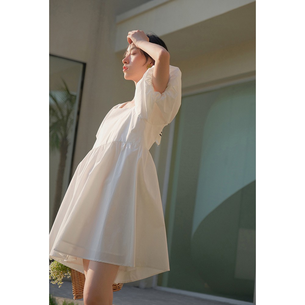 Đầm tay phồng cổ rộng màu trắng phong cách thanh lịch cho nữ