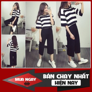 SET BỘ NỮ ÁO NGẮN TAY SỌC TRẮNG ĐEN PHỐI QUẦN ỐNG SUÔNG KIỂU HÀN NEW 2020 PF815S