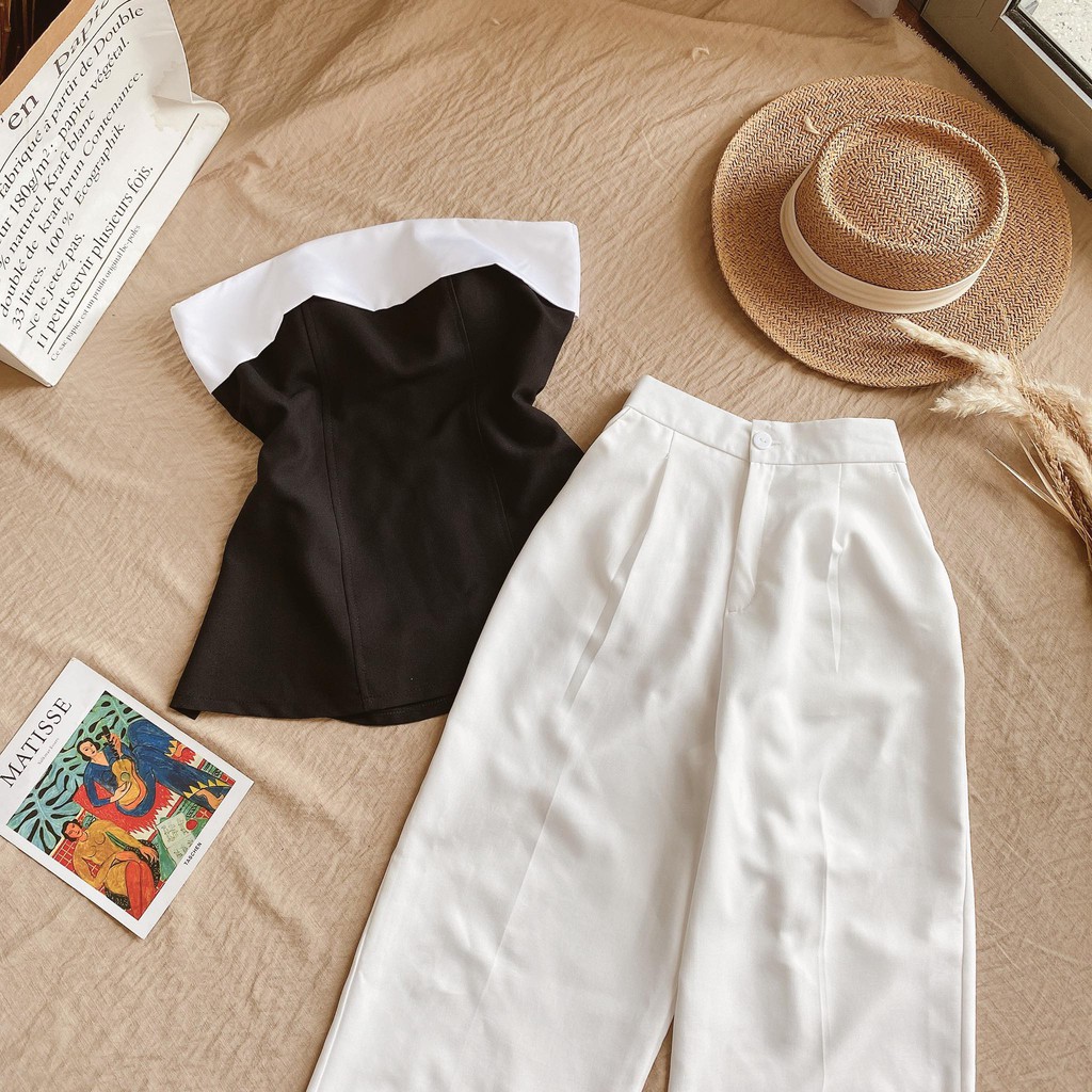 SET ÁO CÚP NGỰC ĐEN VIỀN TRẮNG XẺ TÀ + QUẦN SUÔNG | BigBuy360 - bigbuy360.vn