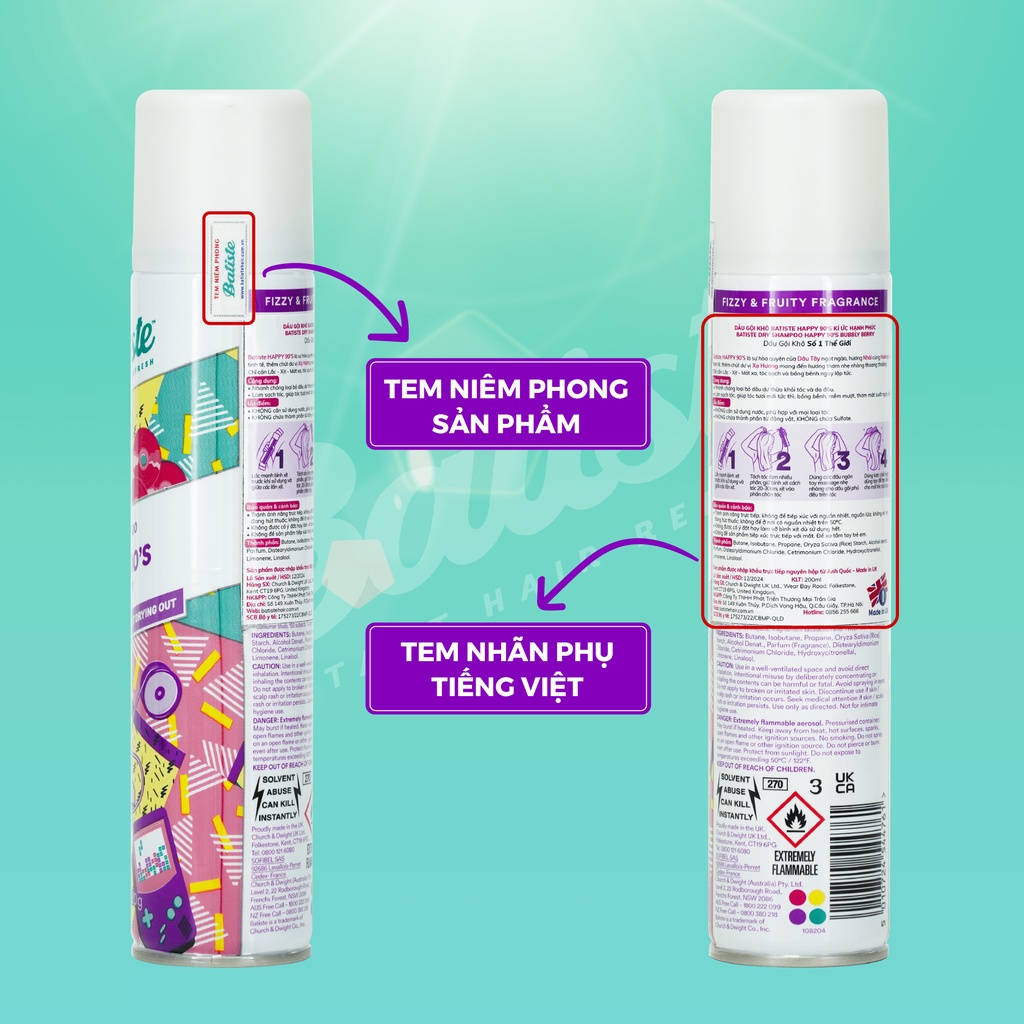 Dầu Gội Khô Batiste Hương Dâu Tây - Batiste Dry Shampoo Happy 90's Bubbly Berry 200ml