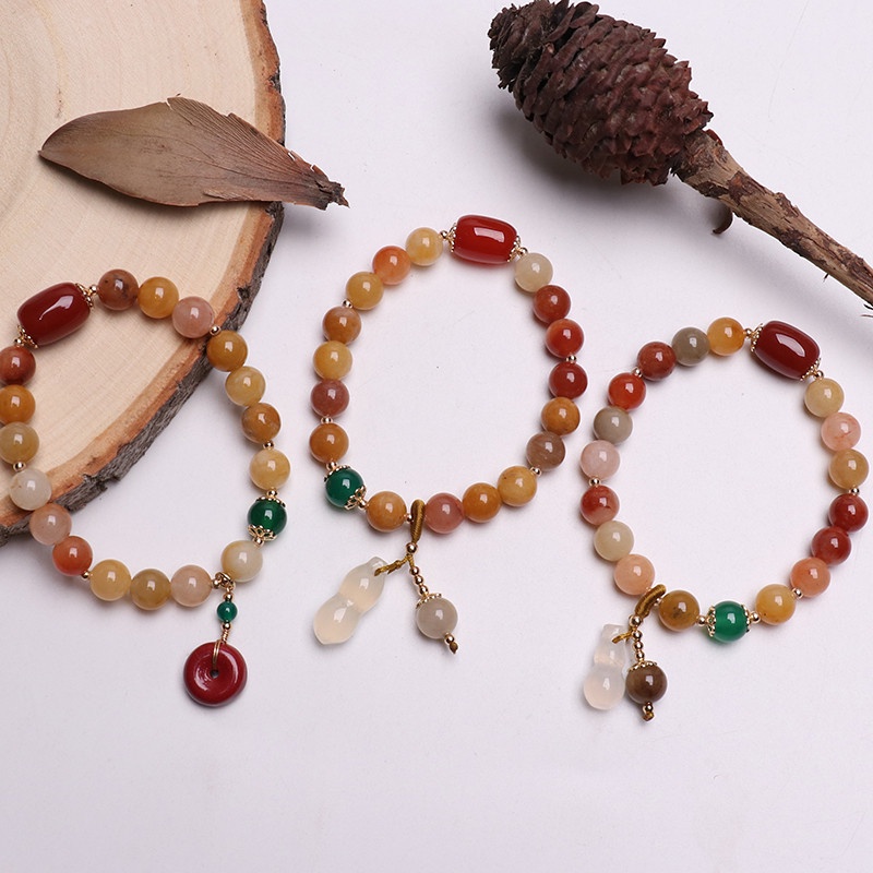 [Hàng Mới Về] Vòng Tay Hạt Đá Mã Não Lụa Vàng Đơn Giản An Toàn Khóa Cài An Toàn