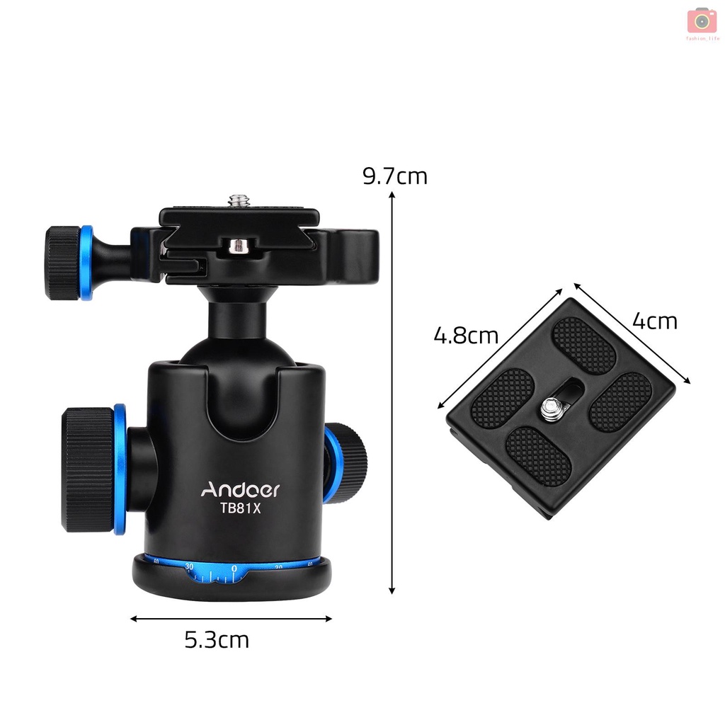 【fash】Andoer Aluminum Camera Panoramic Damper Ball Head Tripod Head 10KG Payload 360° Swivel 90° Flip with Quick Release Plate Scaled Plate Dual Bubble Level Universal 1/4in 3/8in Mounting