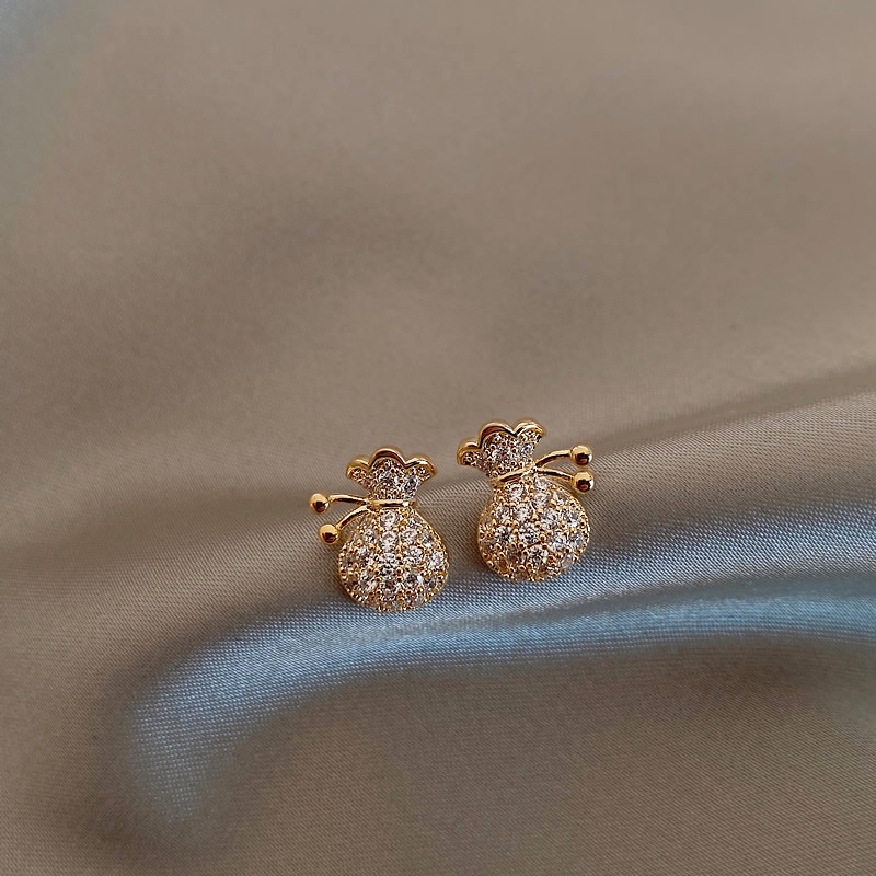 Khuyên Tai Hình Túi Tiền Đính Đá Zircon Sang Trọng Mạ Bạc 925 / Bông Tai