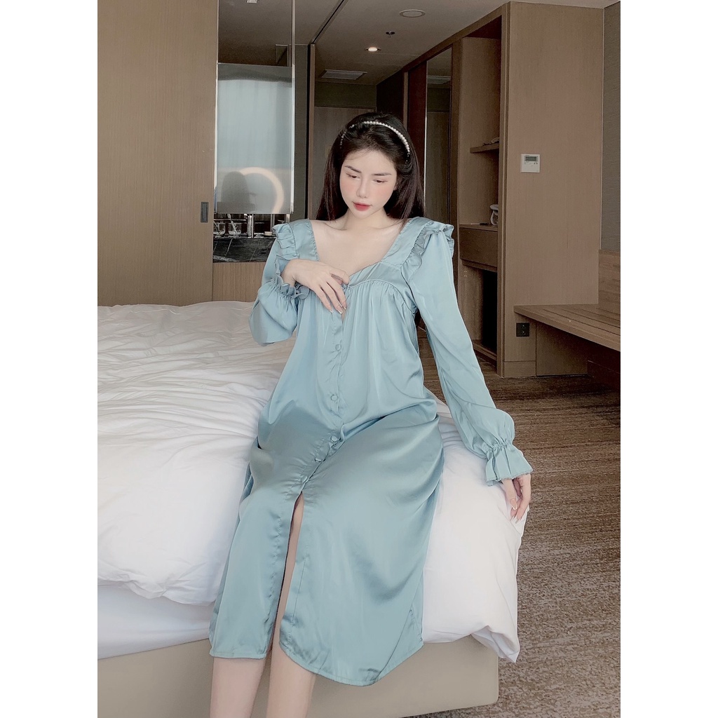 Đầm Ngủ Sexy lụa latin tiểu thư baby doll cổ U, nút bộc xịn xò- DN 107