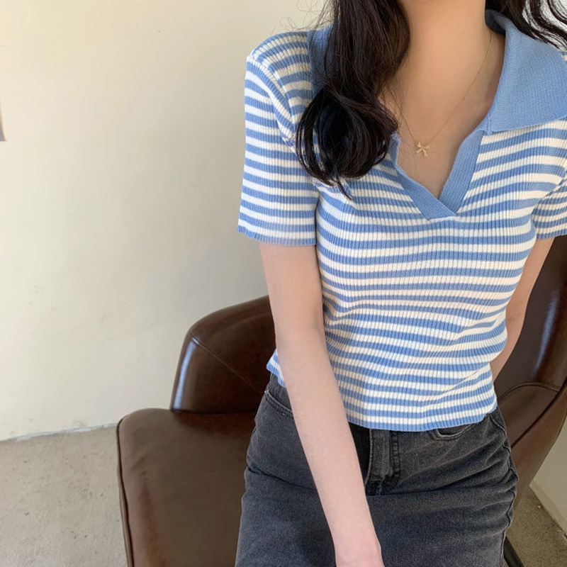 Áo thun IELGY dệt kim tay ngắn cổ polo họa tiết kẻ sọc phong cách Hàn Quốc thời trang cho nữ