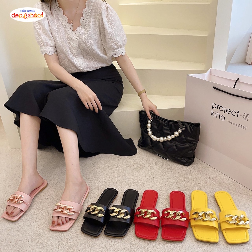 Dép nữ quai ngang thời trang Mắt Xích bản lớn có size từ 33 đến 43 Depvashock