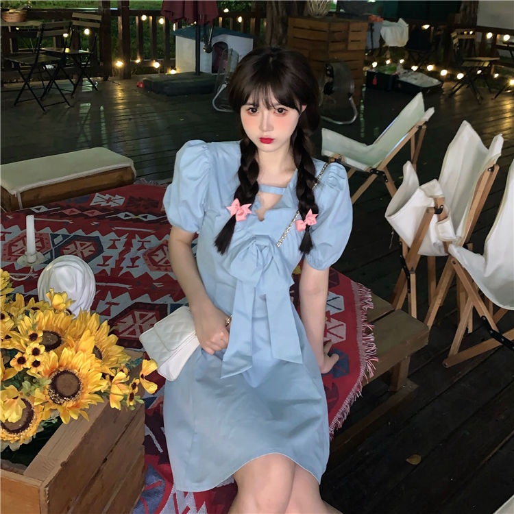 AMOI Đầm Tay Phồng Cổ Chữ V Màu Trơn Dễ Thương Dành Cho Nữ 2022