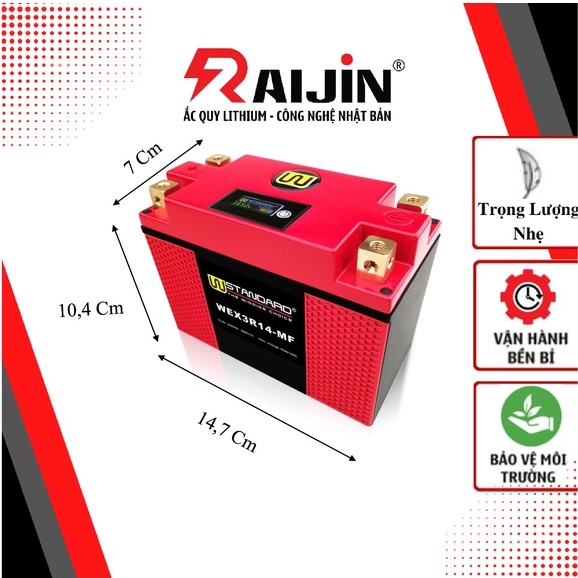 Bình ắc quy xe máy lithium WEX3R14-MF điện áp 12,8V 350CCA nhập khẩu USA dành cho xe mô tô dung tích xi-lanh lớn.