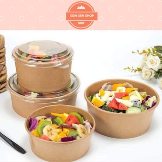 Set 50 bát giấy kraft 750ml-1000ml nắp pet trong