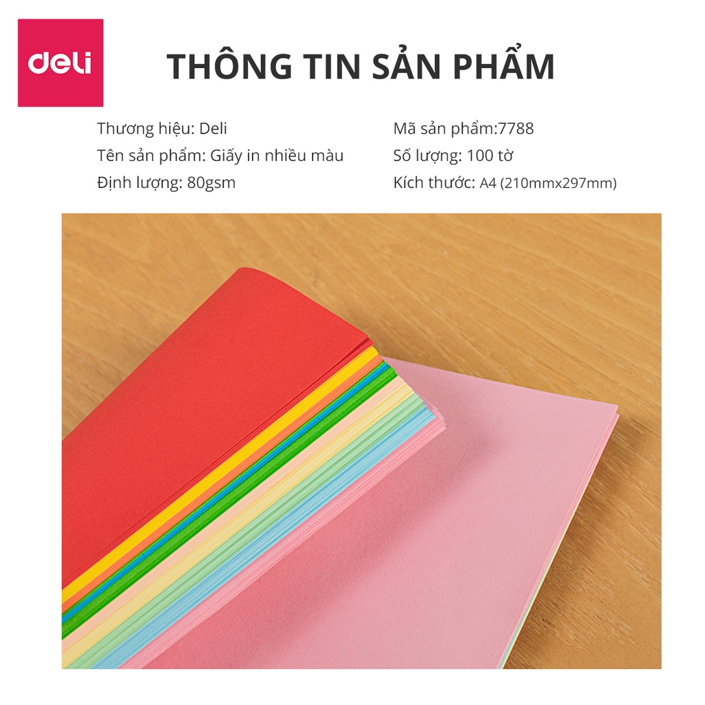 Giấy in nhiều màu khổ A4 Deli - Định lượng 80gsm - 100 trang/tệp - 2 tông màu pastel / sặc sỡ - 7788