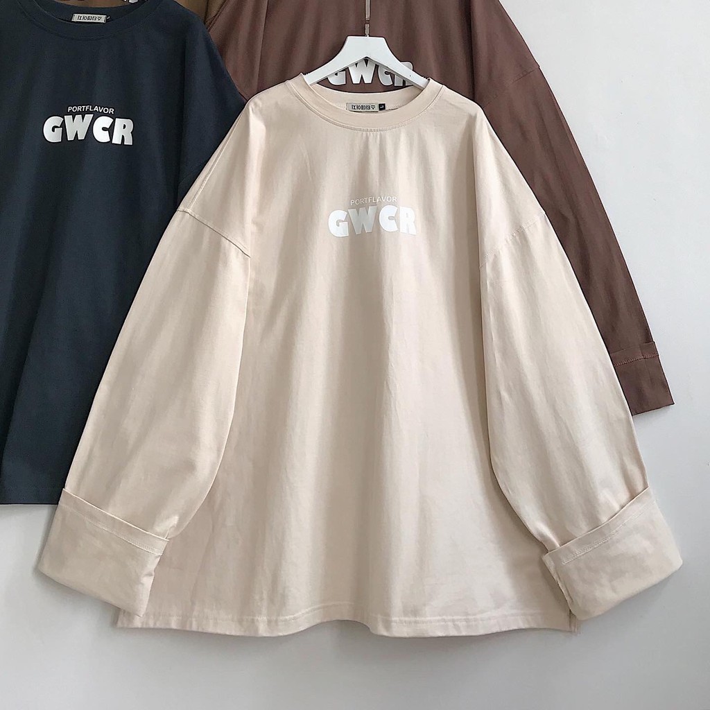 Áo Thun Nữ Dài Tay Form Rộng Basic Áo Phông Nữ Cổ Tròn Xẻ Tà GWCR Chất Liệu Cotton 4 Màu Be Nâu Xanh Than Nâu Đất 1803